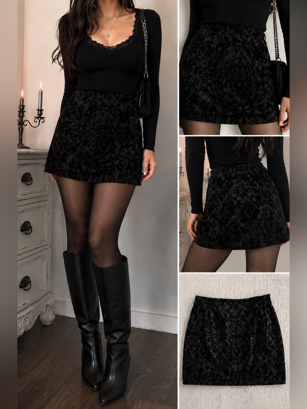 Forever 21 Y2K Black Velvet Floral Mini Skirt Size Large